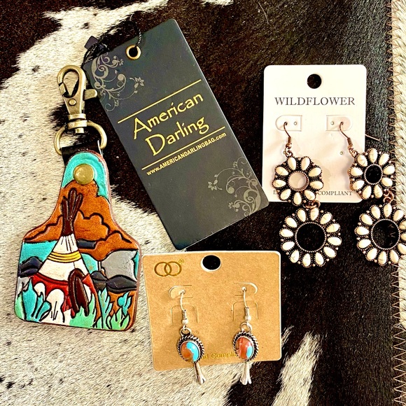 Jewelry - Earrings and Leather American Darling Keychain NWT